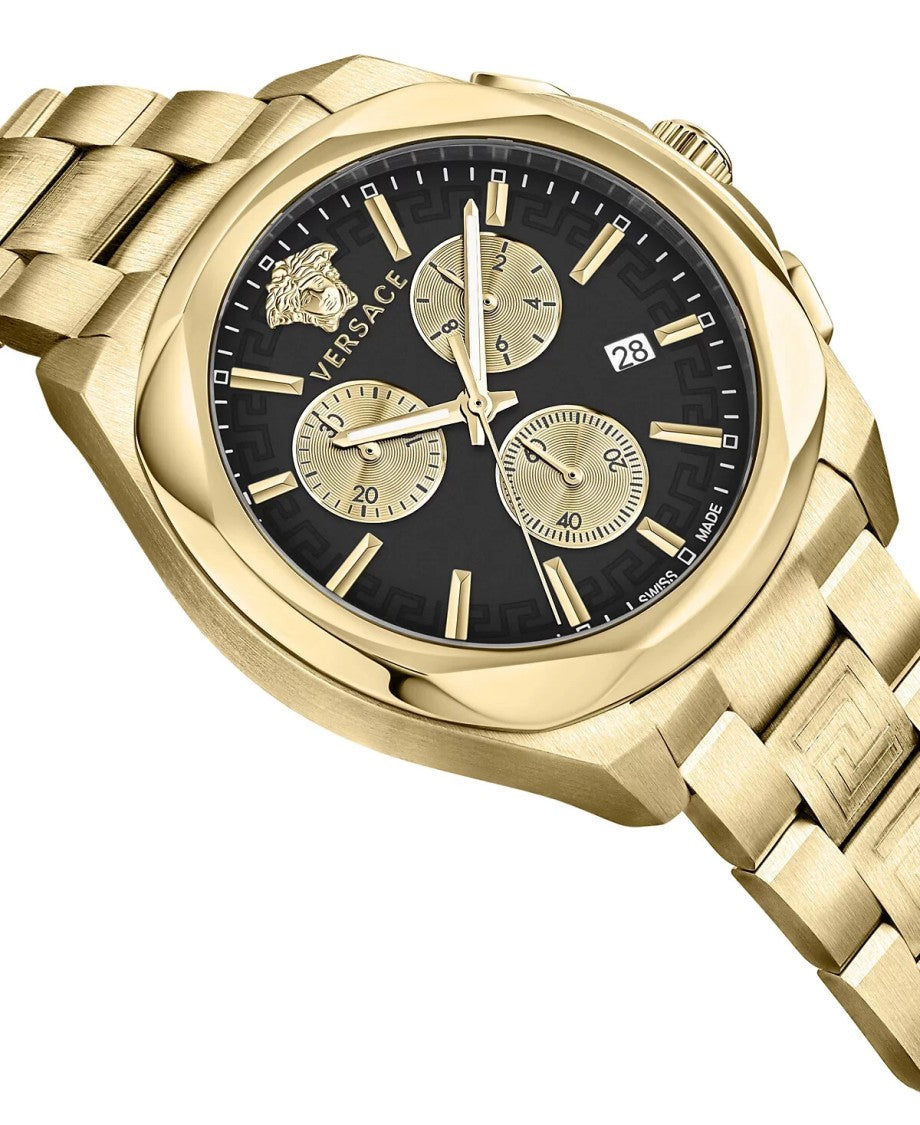 Versace Chronograph Timepiece With Gold-Tone Stainless Steel Case And Black Dial