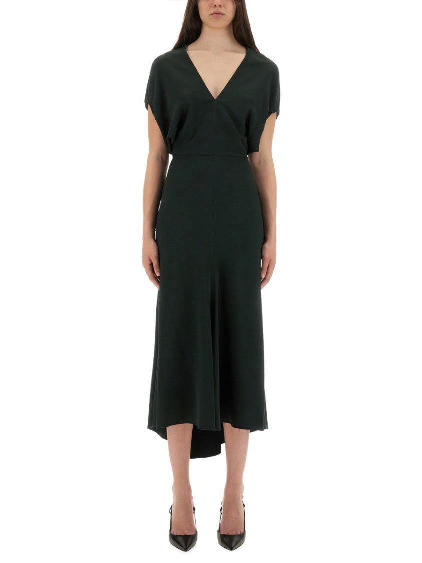 Victoria Beckham V-Neck Blouson Midi Dress