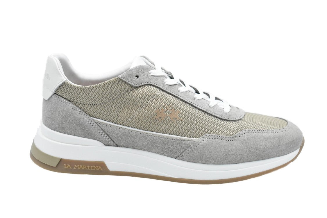 La Martina Beige-Bianco Perforated Suede Sneakers