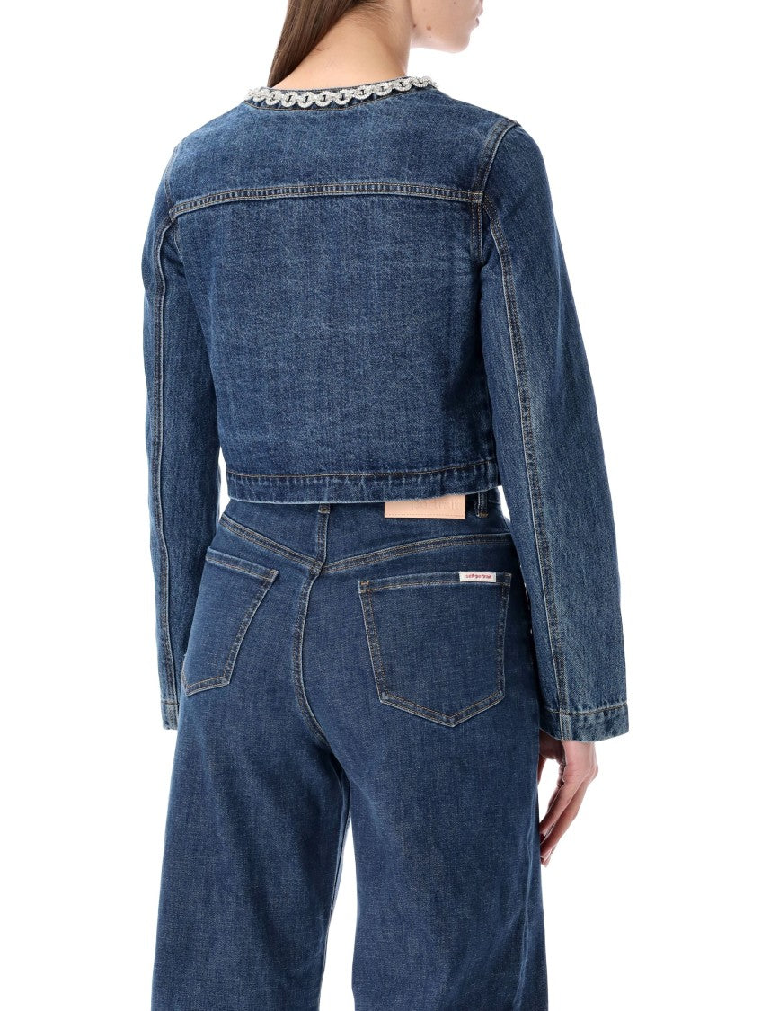 Self-Portrait Cropped Denim Jacket With Crystal Chain Trims