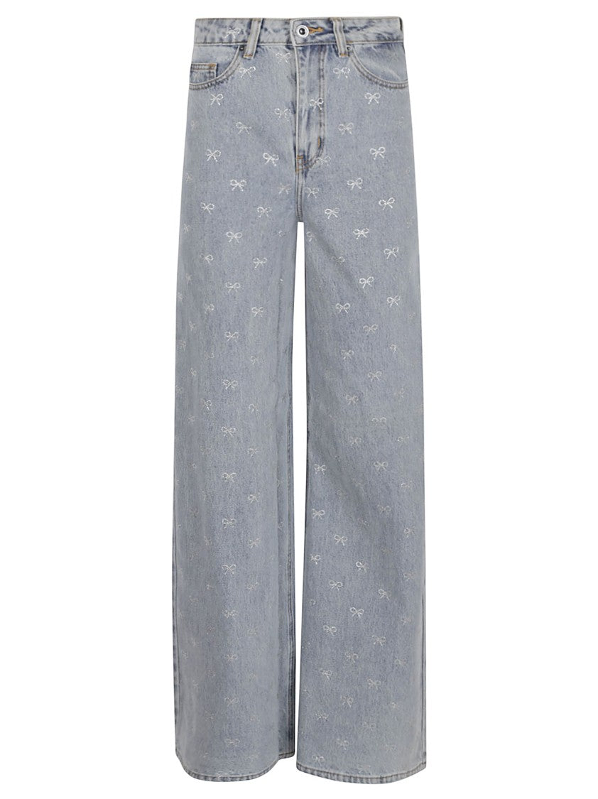 Self-Portrait Light Blue Wide-Leg Jeans With Crystal Embellishment And Classic Five-Pocket Design