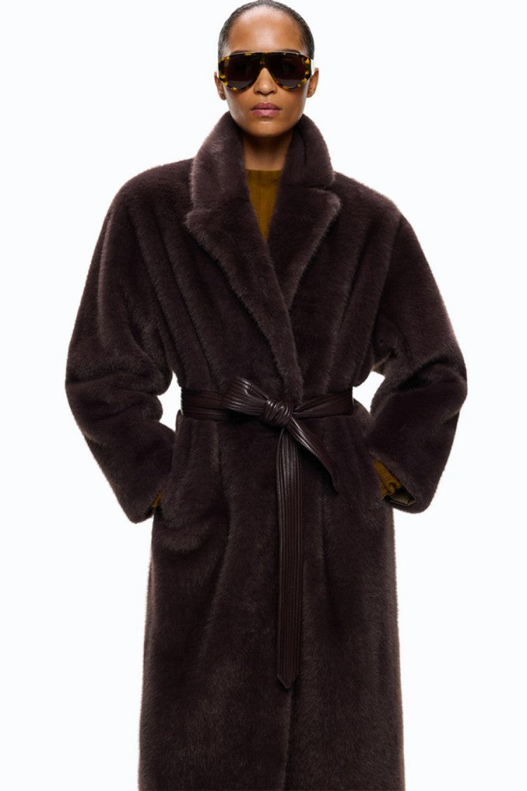 Pinko Brown Polyester Faux-Fur Belted Coat