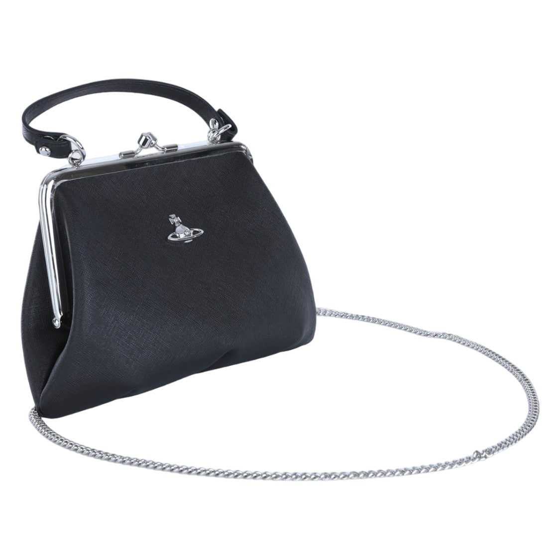Vivienne Westwood Textured Black Handbag With Silver-Tone Frame And Chain Strap