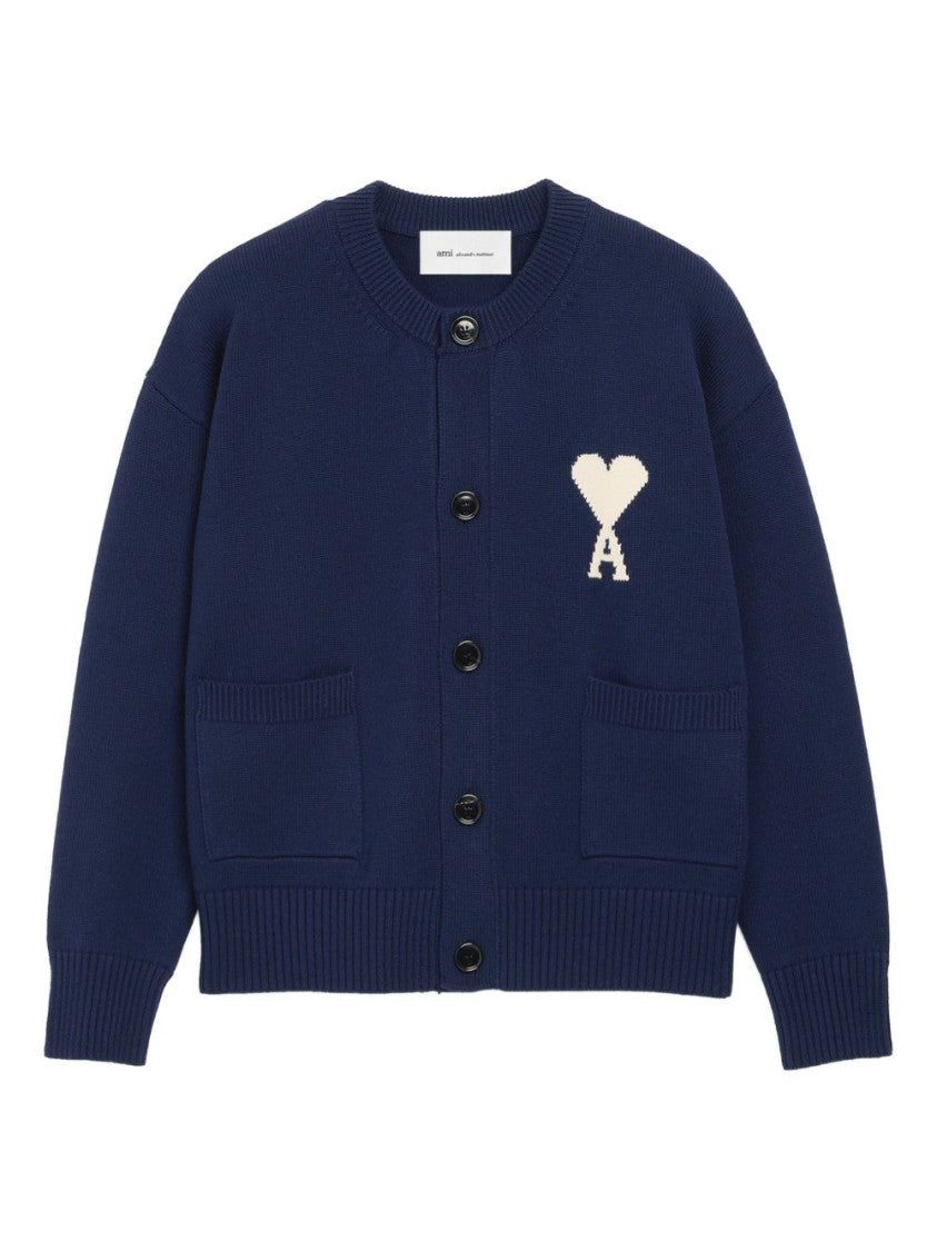 Ami Paris Blue Ribbed Button Front Patch Cardigan