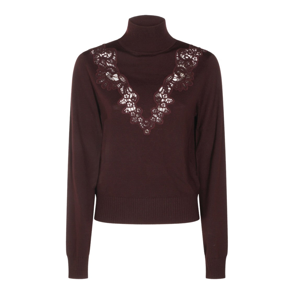 Zimmermann Fitted Burgundy Sweater With Lace V-Detail And Turtleneck