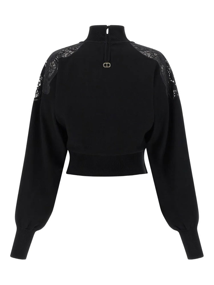 Twin-Set Cropped Black Sweater With High Ribbed Neckline And Lace Detailing