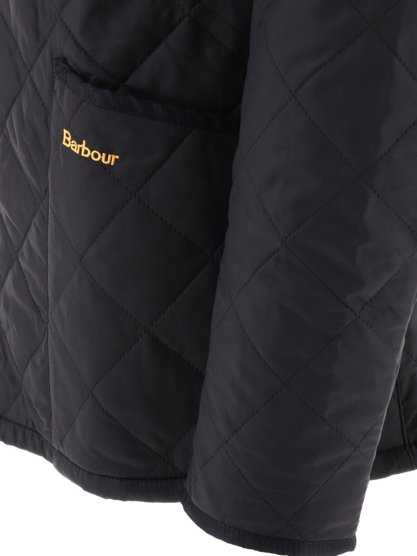 Barbour Quilted Black Jacket With Corduroy Collar And Diamond Pattern