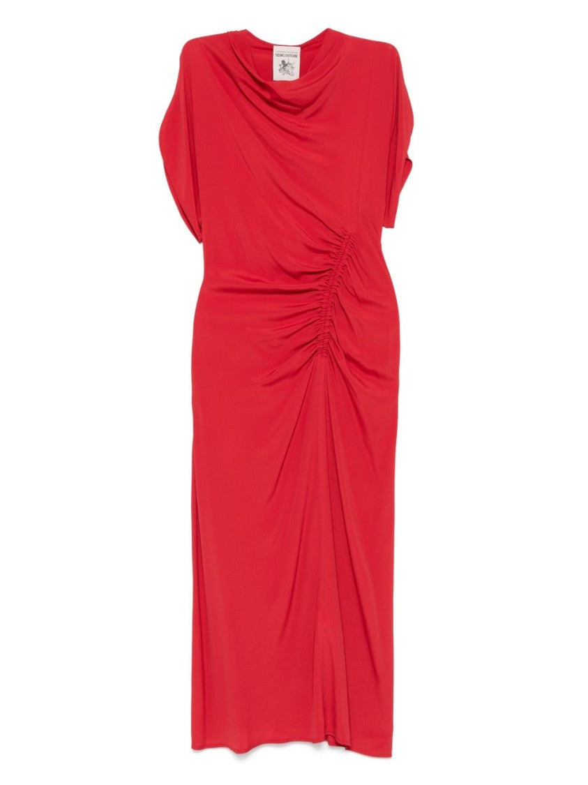 Semi Couture Mid-Calf Dress With Gathered Waist Detail