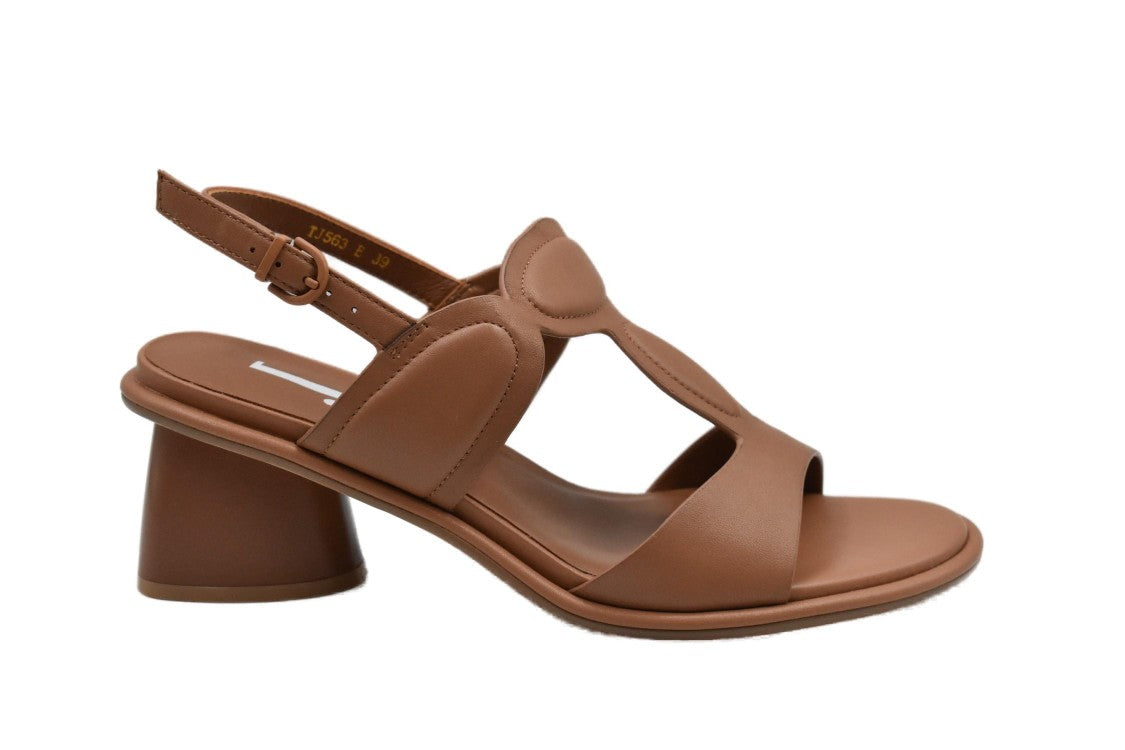 Jeannot T-Strap Brown Leather Sandals With Block Heel And Adjustable Strap