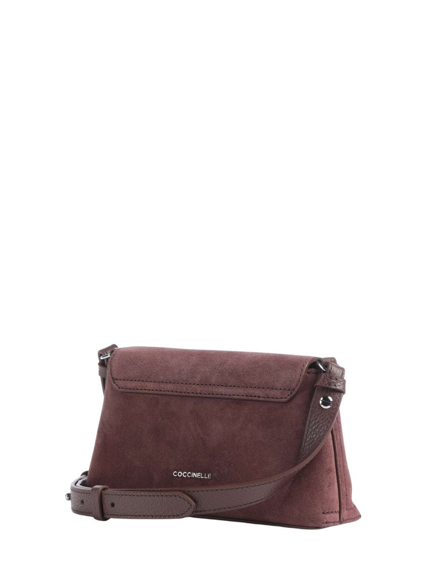 Coccinelle Burgundy Suede Crossbody Bag With Rounded Flap