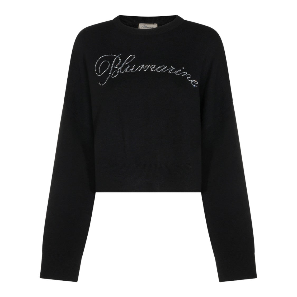 Blumarine Cropped Black Sweater With Rhinestone Embellishment