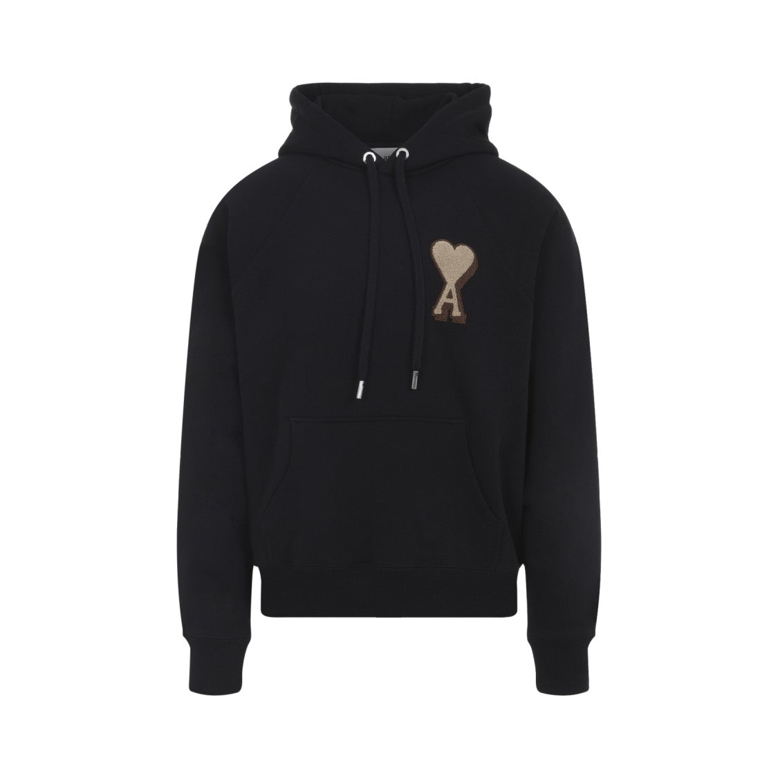 Ami Black Organic Cotton Hoodie With Embroidered Heart Patch
