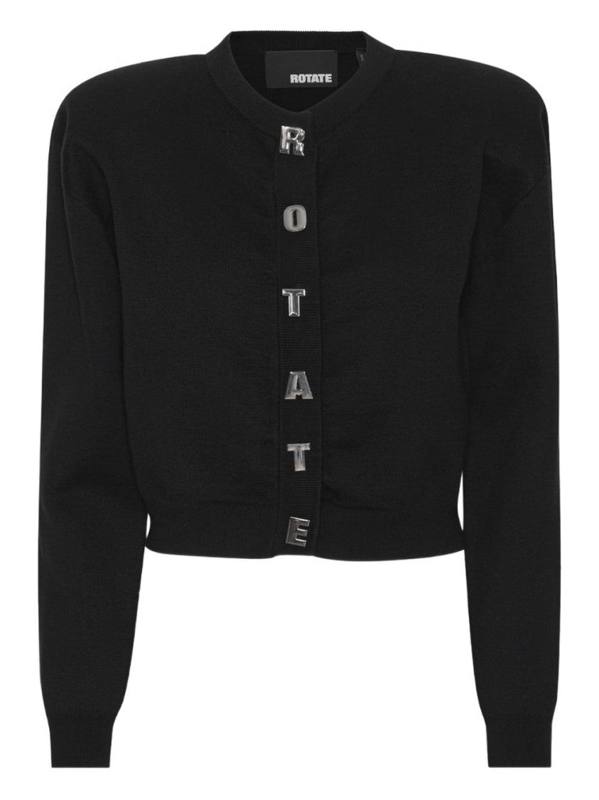 Rotate Cropped Black Sweater With Padded Shoulders And Button Embellishments
