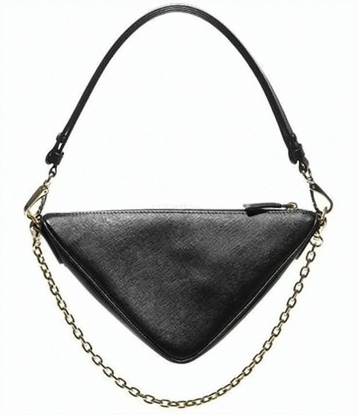 Prada Triangular Black Leather Shoulder Bag With Detachable Chain Strap