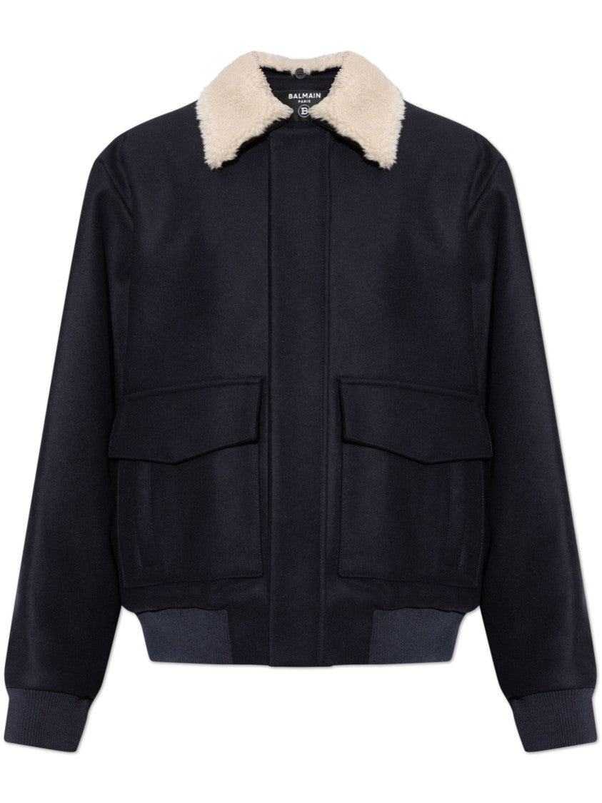 Balmain Navy Bomber Structured Shearling Jacket
