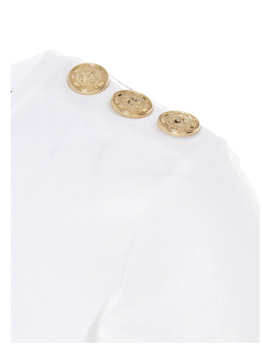 Balmain Logo Print Crewneck T-Shirt With Decorative Buttons