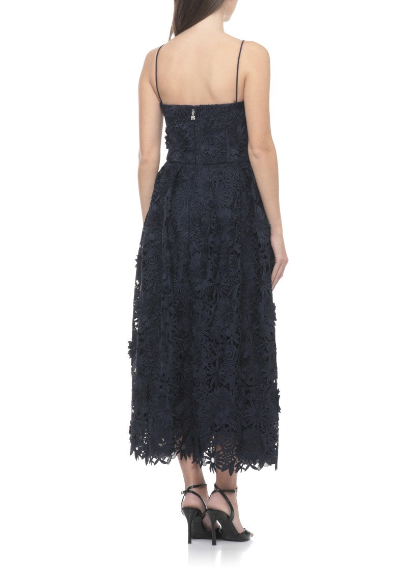 Rotate 3D Floral Lace Flared Midi Dress