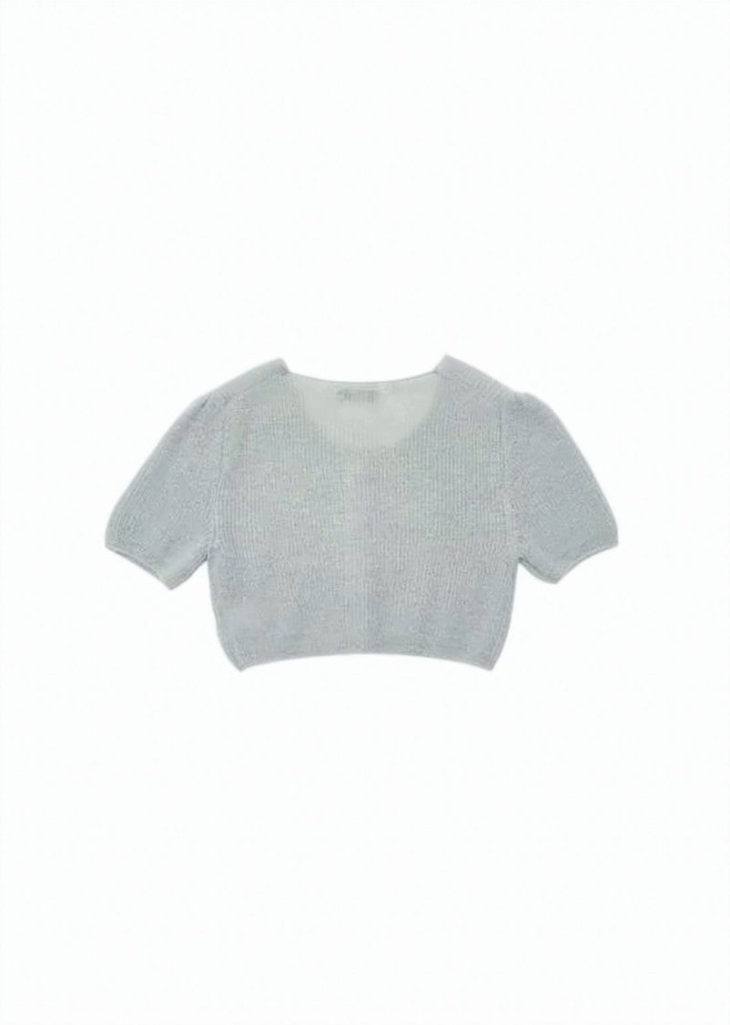 Amomento Cropped Knit Sweater With Puff Sleeves And Button-Down Front