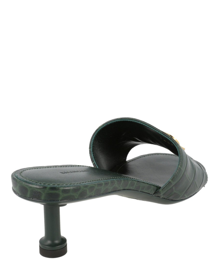 Balenciaga Croc-Embossed Green Mules With Trumpet Heel And Gold-Tone Logo