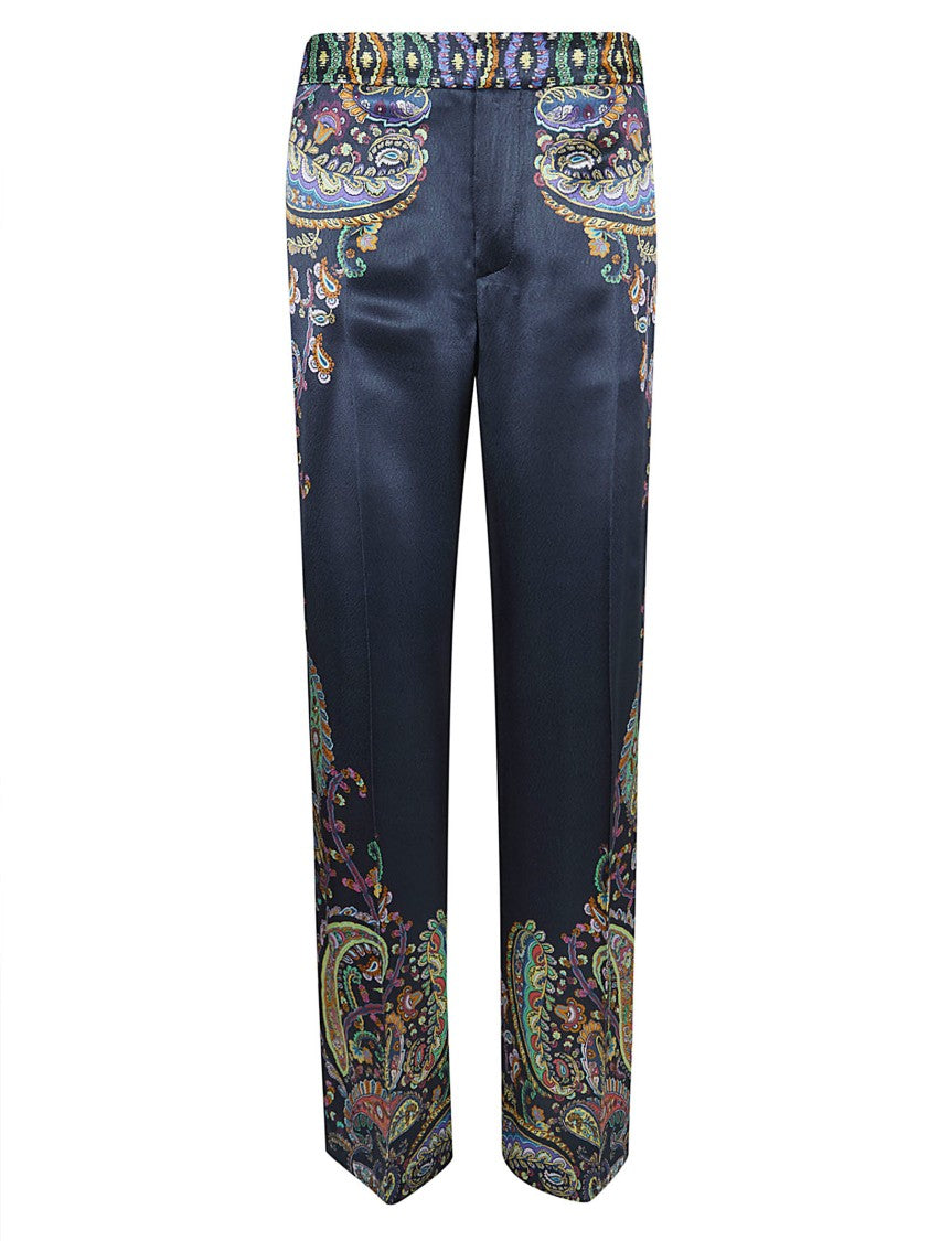 Etro High-Waisted Black Satin-Finish Wide-Leg Trousers With Iconic Print