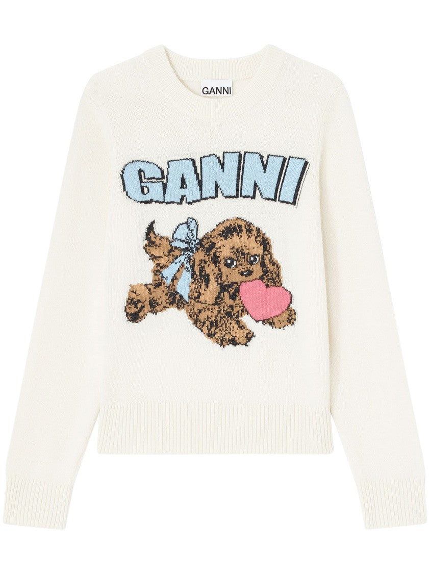 Ganni Crafted Wool Blend Puppy Love Crewneck Sweater
