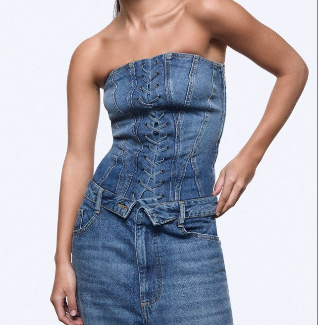 Liu Jo Structured Light Stonewash Denim Bustier Top