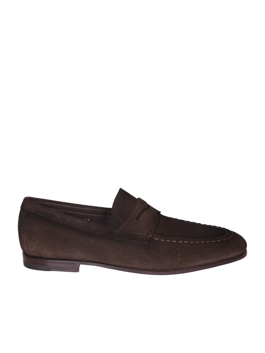 Santoni Brown Suede Leather Loafers