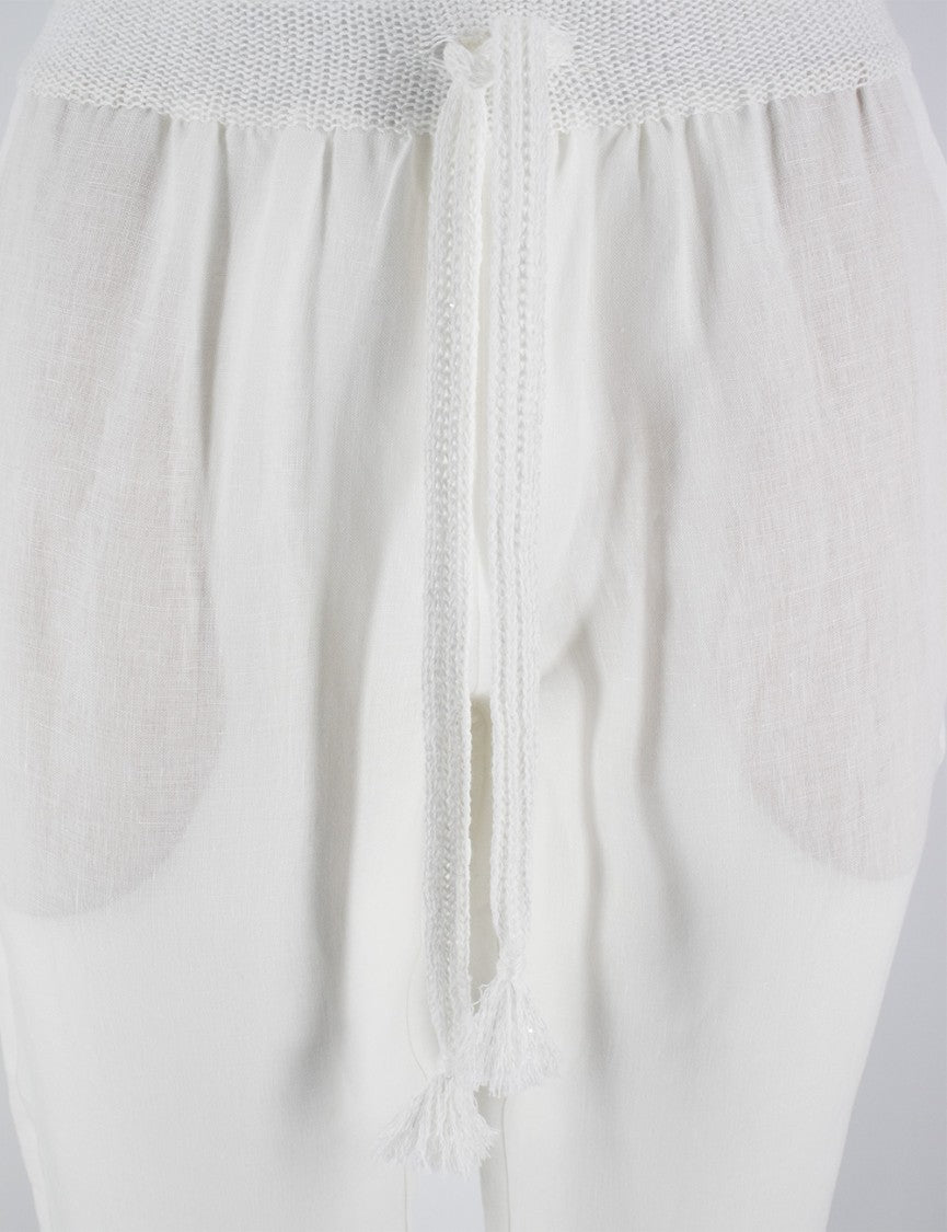 Le Tricot Perugia White Linen Drawstring Waist Pants With Design