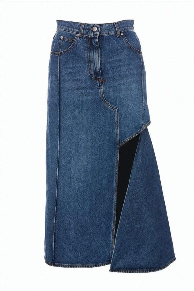 Alexander Mcqueen Long Denim Skirt With Asymmetrical Front Slit