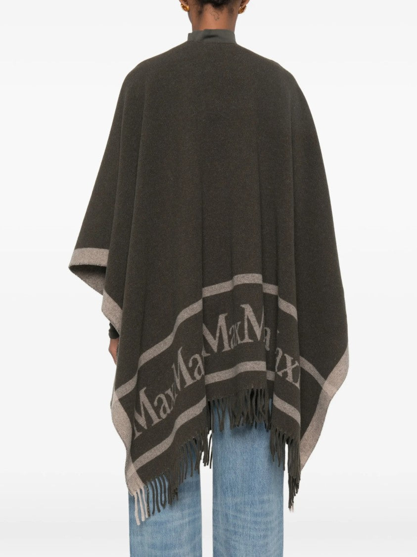Max Mara Two-Tone Wool Poncho With Deep V-Neck And Fringed Hem