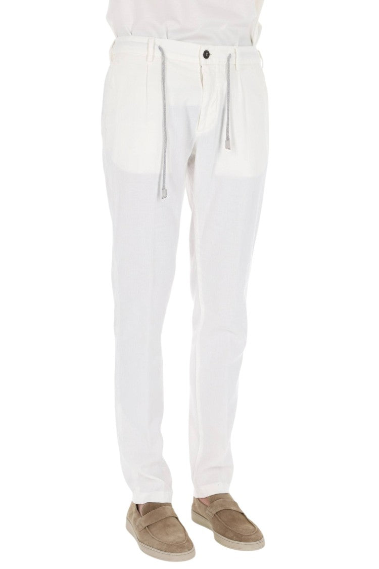 Eleventy White Cotton-Linen Drawstring Pants