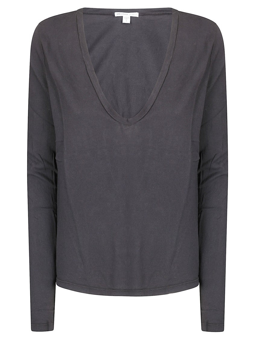 James Perse Deep V-Neck Long-Sleeve Top With Lightweight Fabric