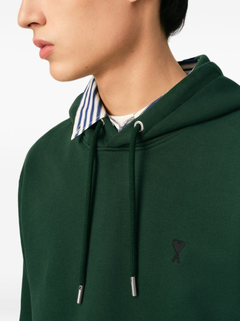 Ami Paris Deep Green Pullover Hoodie With Adjustable Drawstring