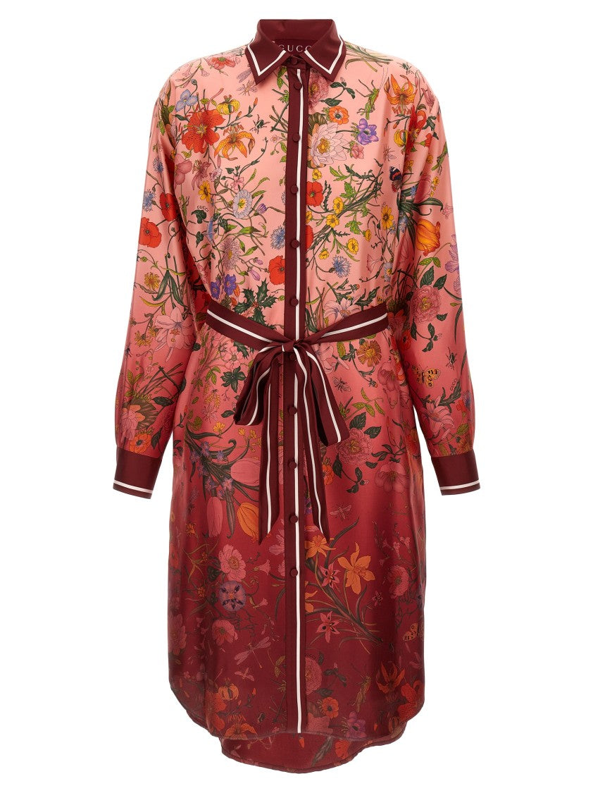 Gucci Gradient Floral Print Midi Dress With Removable Belt
