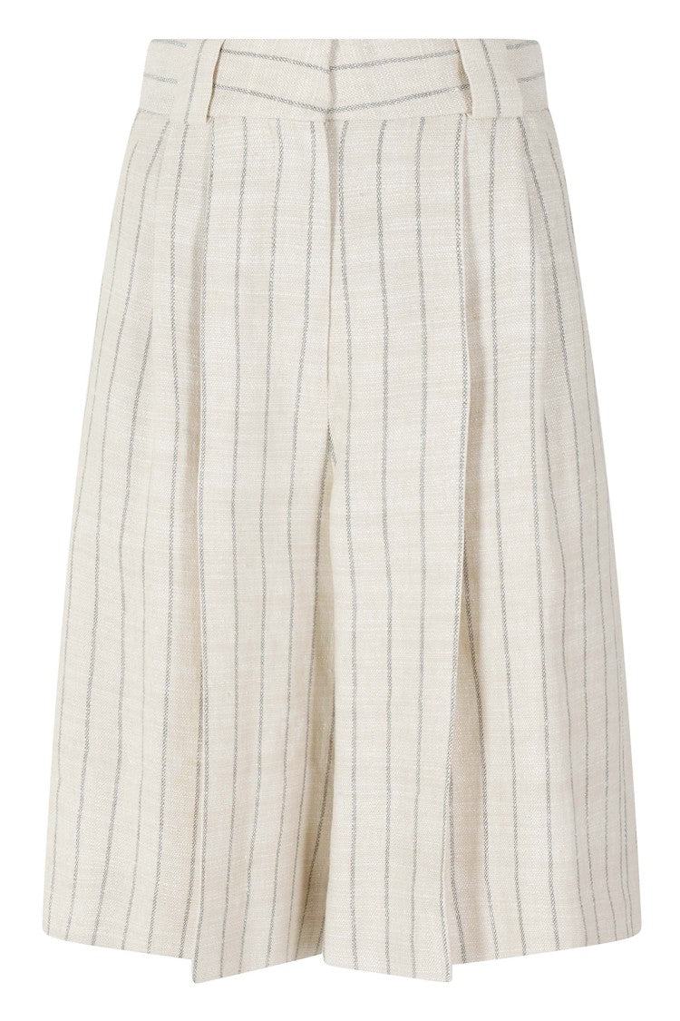 Blazé Milano Beige Serene Husul Striped Smiley-Detail Linen-Blend Shorts
