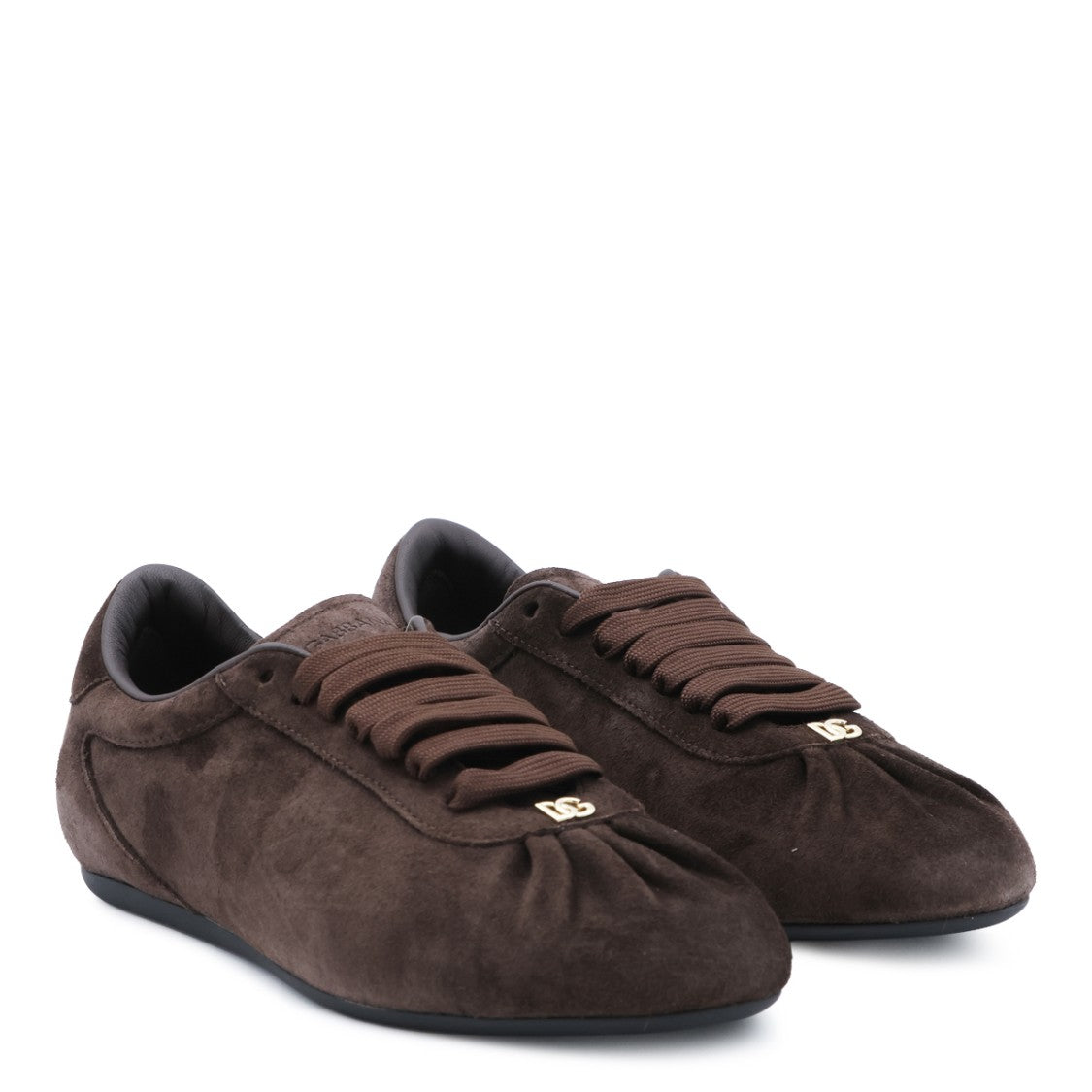 Dolce & Gabbana Brown Leather Sneakers With Ruched Detailing