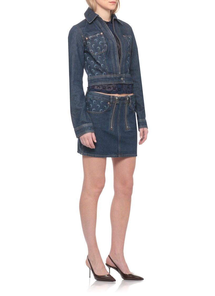 Marine Serre Dark Blue Denim Mini Skirt With Moon Logo Details