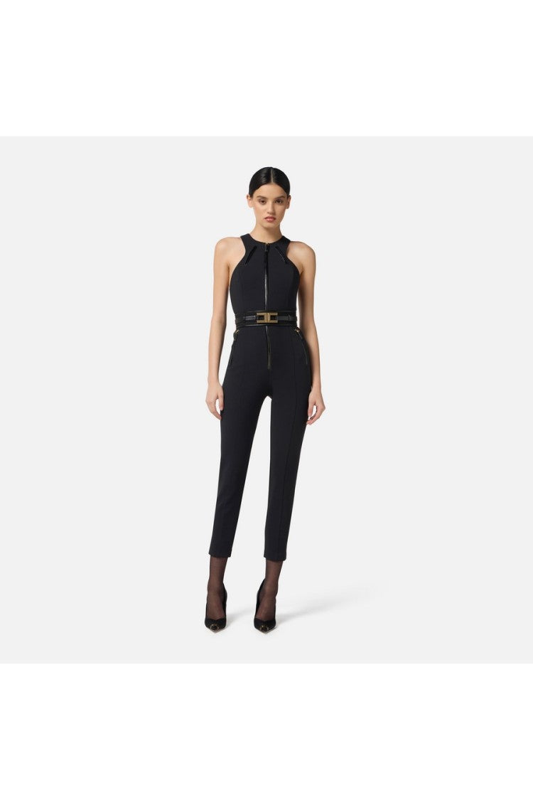 Elisabetta Franchi Black Sleeveless Zip-Front Polyester-Blend Jumpsuit