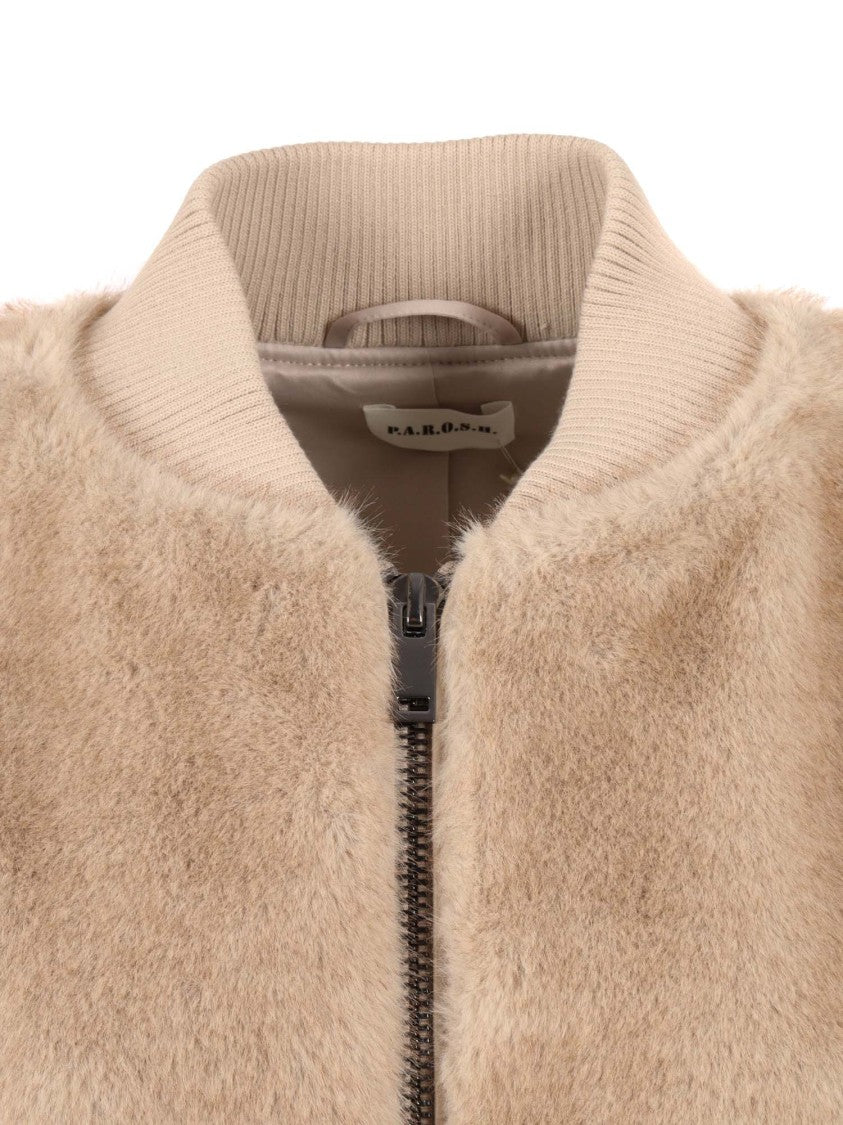 P.A.R.O.S.H. Beige Faux Fur Bomber Jacket