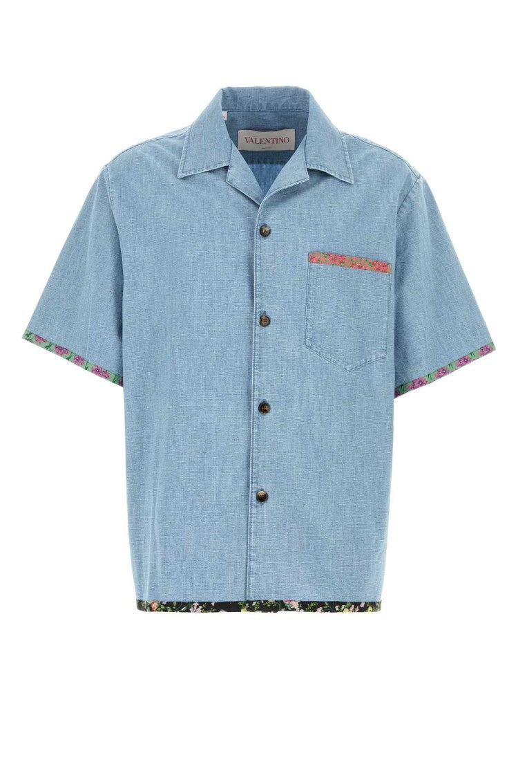 Valentino Garavani Short-Sleeved Denim Shirt With Floral Trim Accents