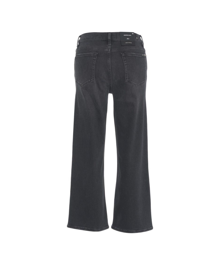 7 For All Mankind Washed Black Straight Leg Jeans With Flared Hem And Classic Five-Pocket Design