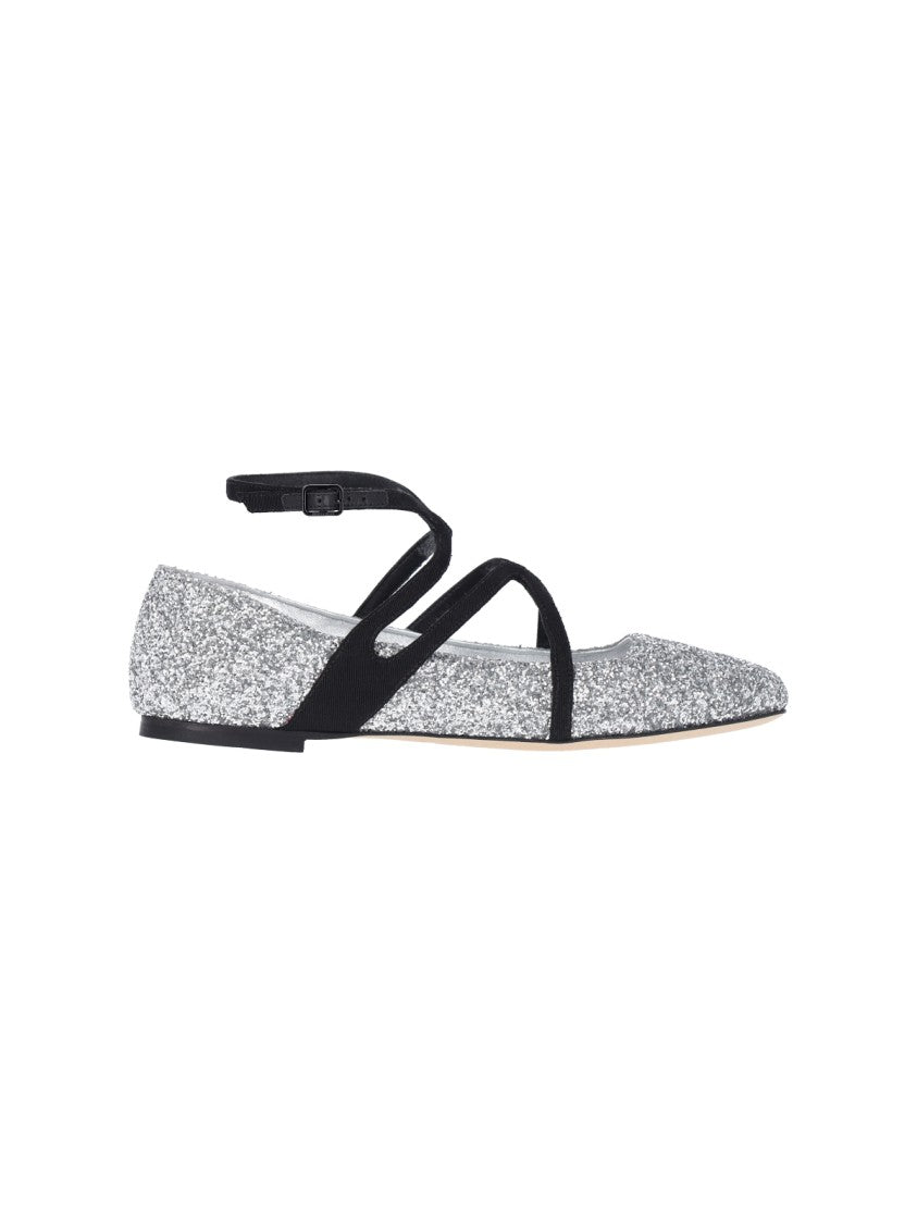 Jimmy Choo Pointed-Toe Glitter Ballerina Flats With Adjustable Ankle Strap