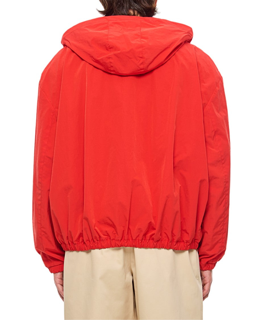 Marni Hooded Red Crinkled Nylon Jacket With Handcrafted Embroidery