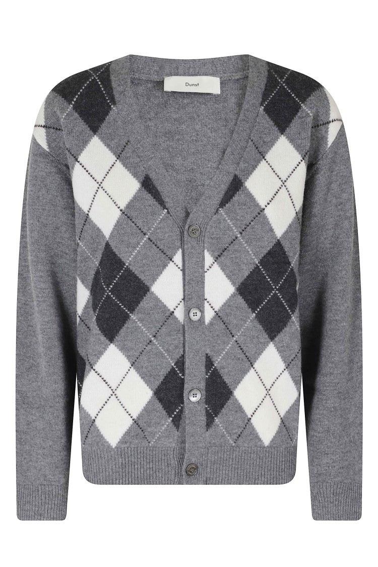 Dunst Anthracite V-Neck Argyle Wool Cardigan