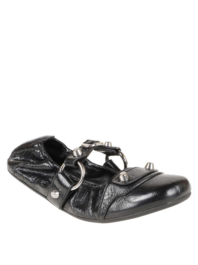 Balenciaga Pointed Toe Black Leather Flats With Silver-Tone Accents