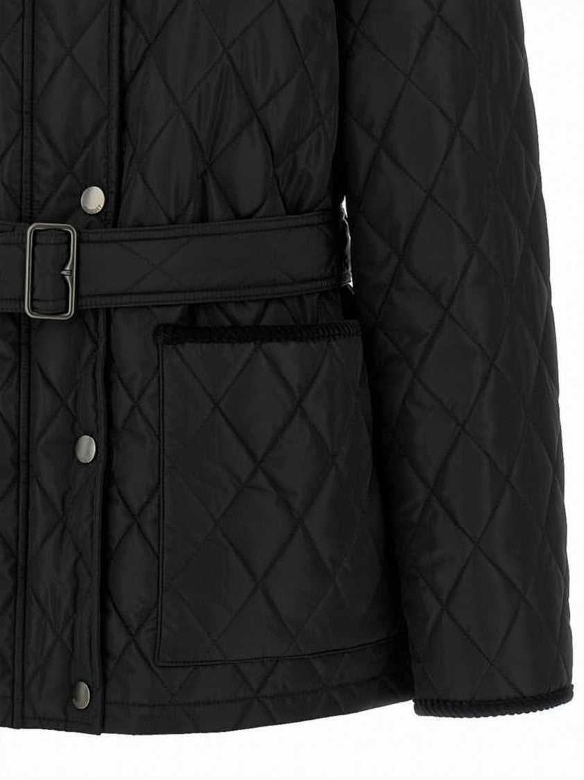 Burberry Quilted Black Jacket With Corduroy Collar And Belted Waist