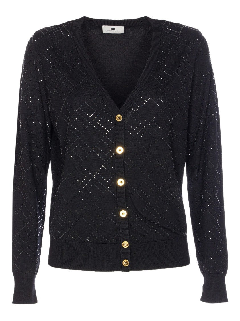 Elisabetta Franchi Diamond-Pattern Black V-Neck Knit Cardigan
