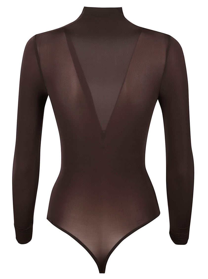 Wolford Translucent Brown Bodysuit With High Neckline And Thong Bottom