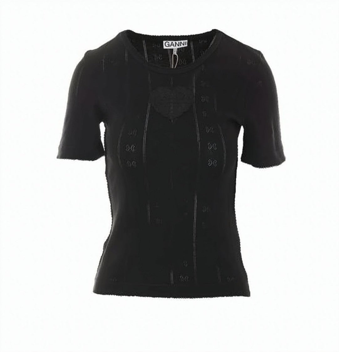 Ganni Fitted Black Short-Sleeved Top With Textured Heart Patch
