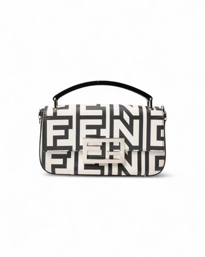 Fendi Baguette Mini Bag Logo Print Bicolor Nero